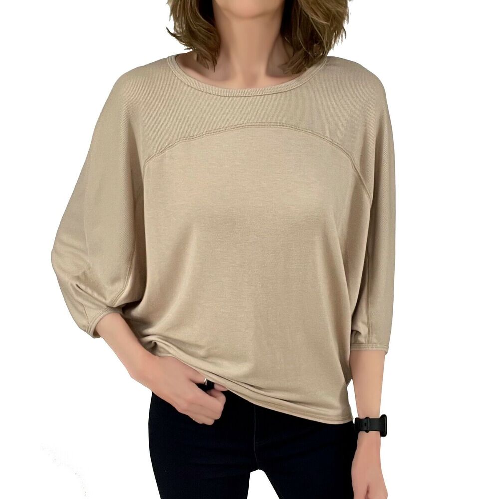 Francesca's Collections Dolman Sleeve Knit Top Sz S Tan 3/4 Sleeves High Low Hem